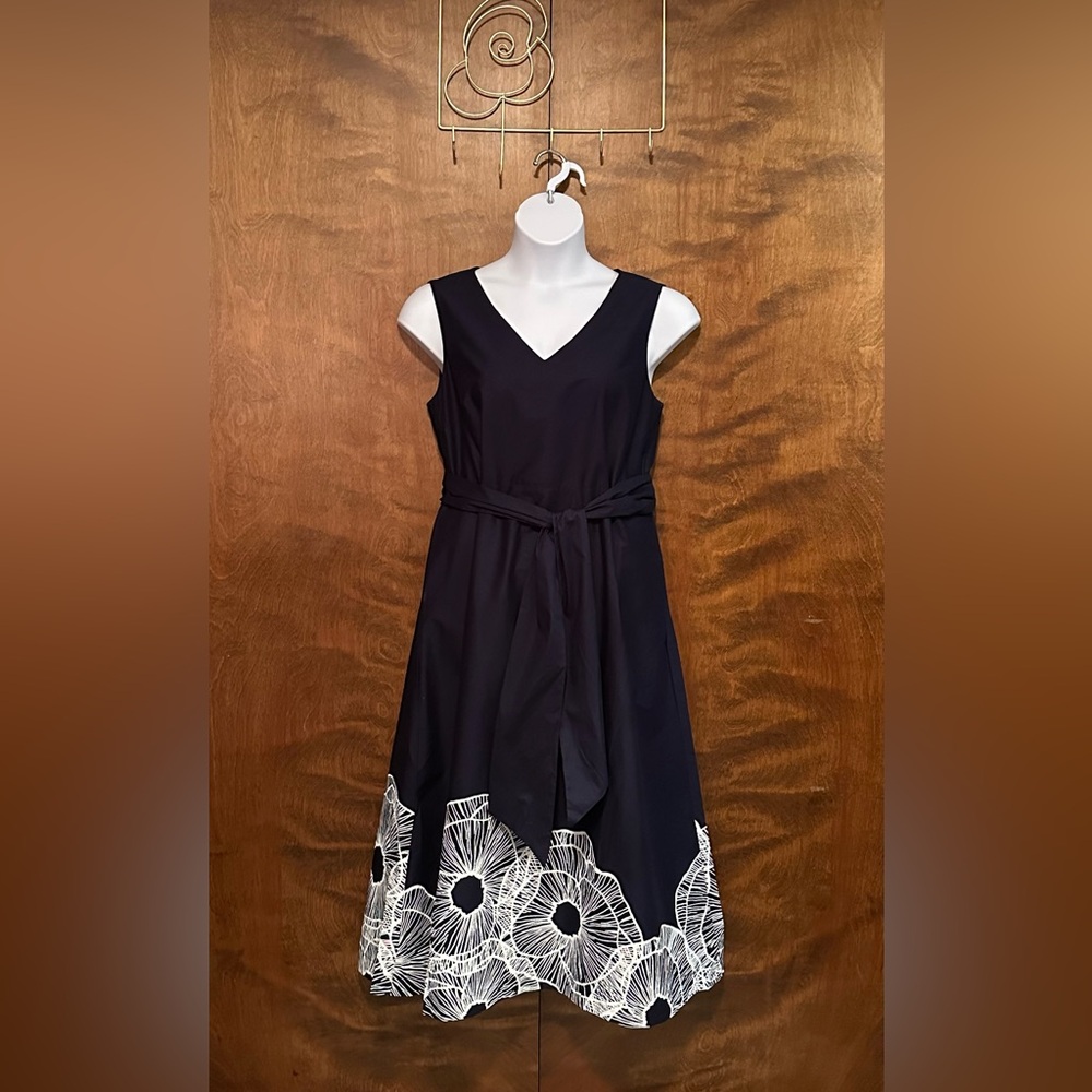 Anne Klein Sleeveless Border Print Midi Dress Womens 10 Navy & White A-Line NWT